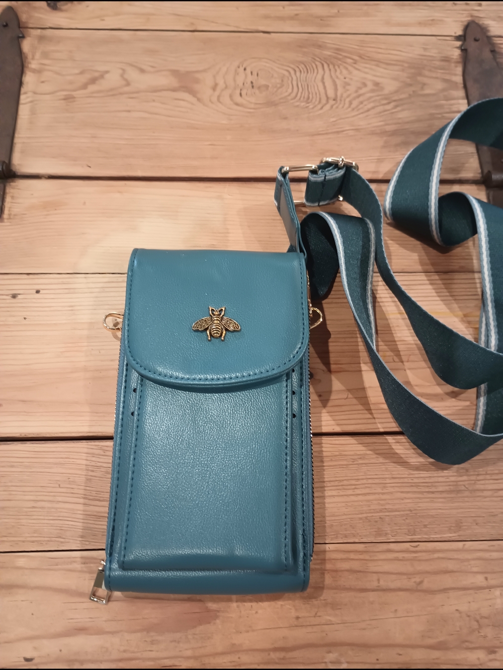 Teal Crossbody Phone Credit Card Bag with Gold Bee Accent
